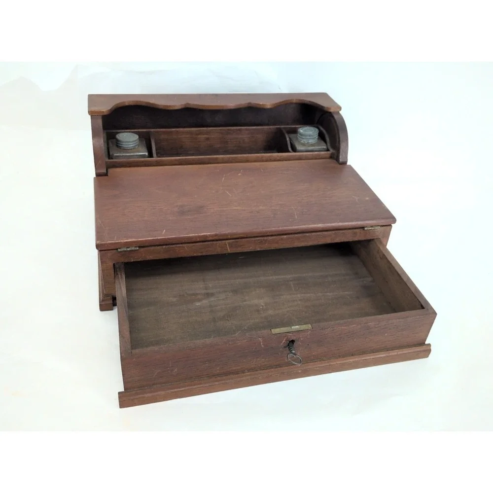 Antique Travel Desk Lap Writing Box Tambour Rolltop With Key And Glass Inkwell